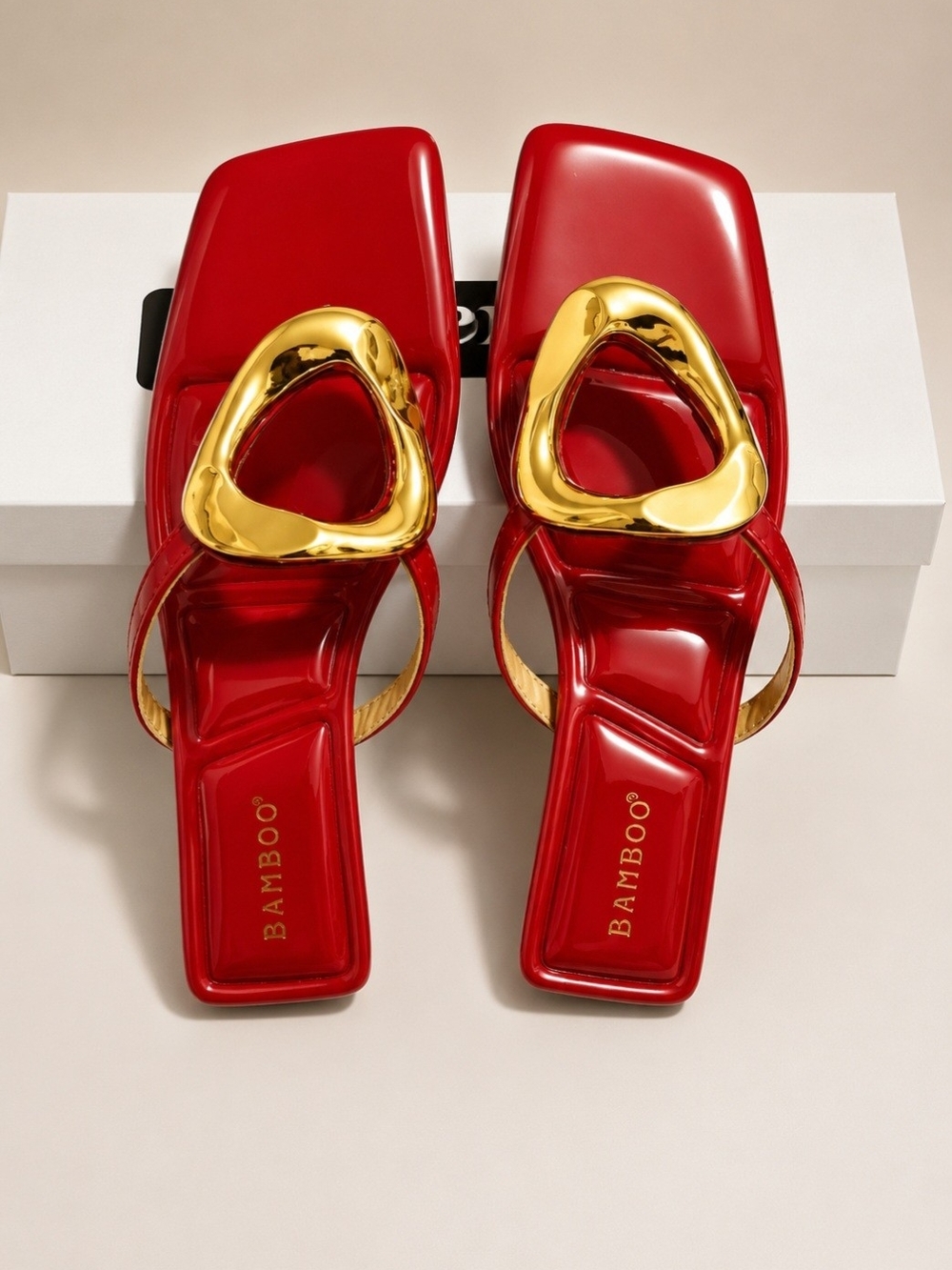Bamboo Red Patent Square-Toe Slide Sandals with Gold Accent